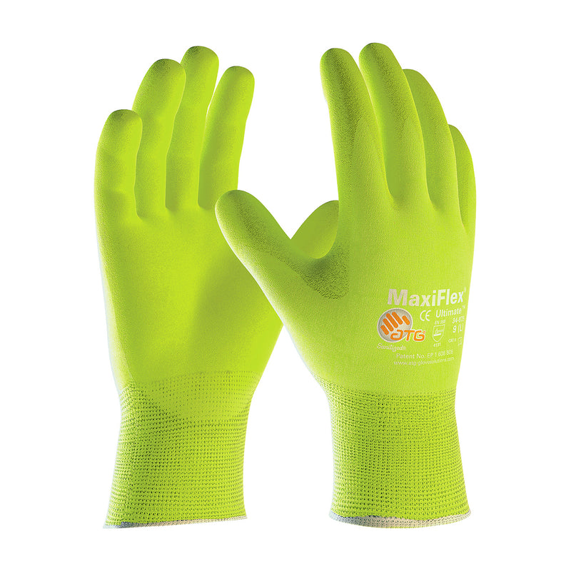 PIP 34-874FY MaxiFlex Ultimate HiVis Seamless Knit Nylon Glove with Nitrile Coated MicroFoam Grip