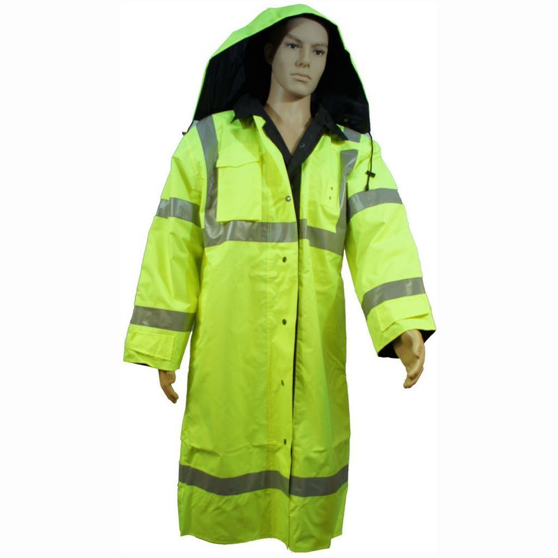 Petra Roc LRC-48RV-C3 ANSI Class 3 Lime/Black Waterproof Reversible High Visibility 48” Long Rain Coat, On Model