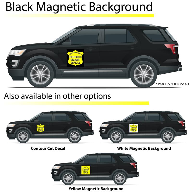 New York State Certified Escort Magnetic Vehicle Sign, Black Background