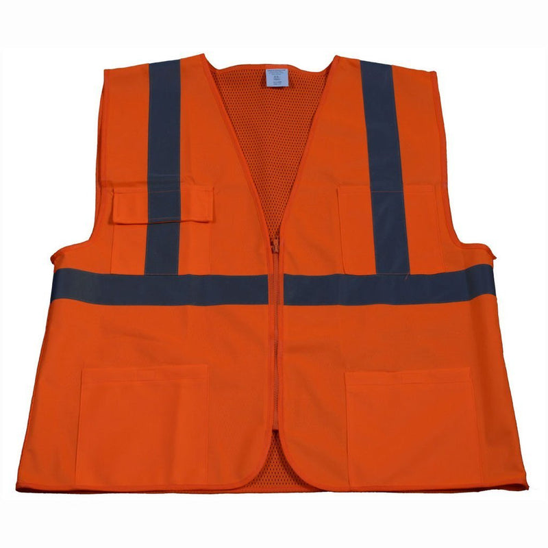 Petra Roc LV2/OV2-FSMB ANSI/ISEA 107-2010 Class II Front Solid Mesh Back 4-Pocket Safety Vests, Orange Front