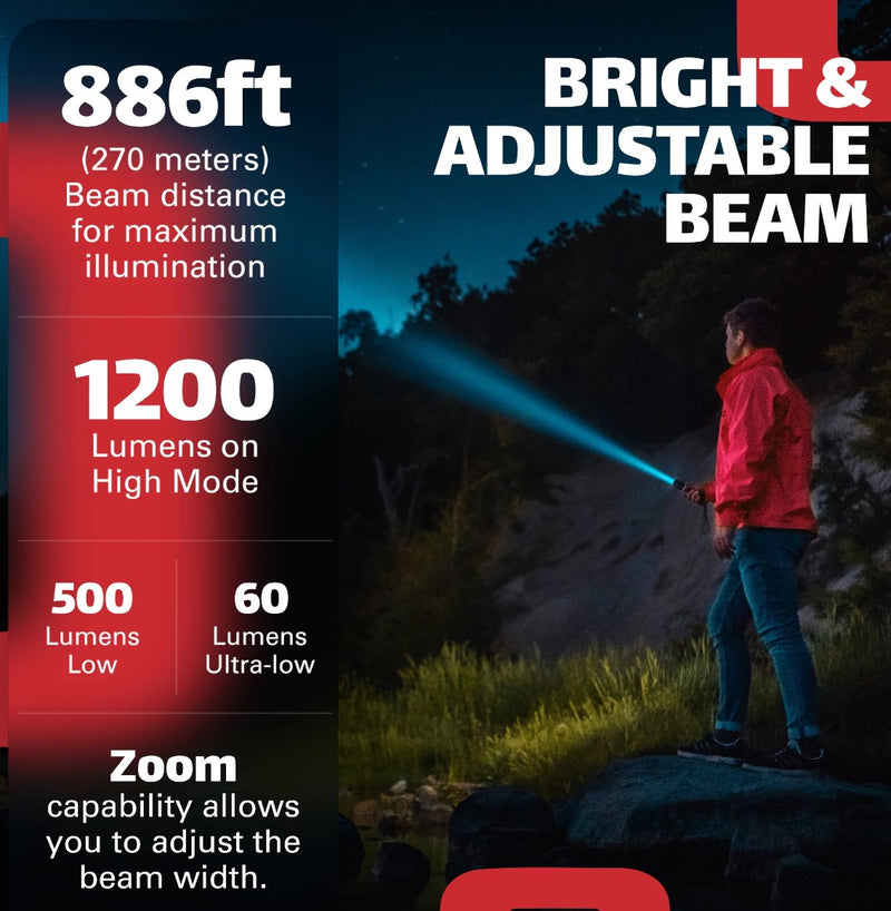 1200 LUMEN TACTICAL LED RECHARGEABLE FLASHLIGHT WITH POWER BANK & DUAL POWER