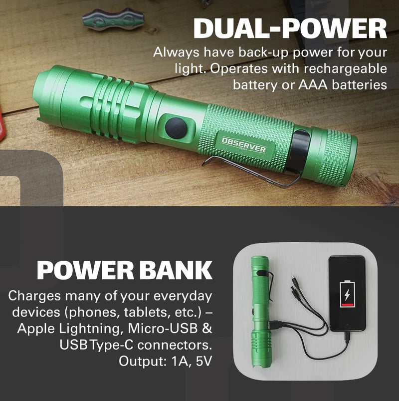 1200 LUMEN TACTICAL LED RECHARGEABLE FLASHLIGHT WITH POWER BANK & DUAL POWER