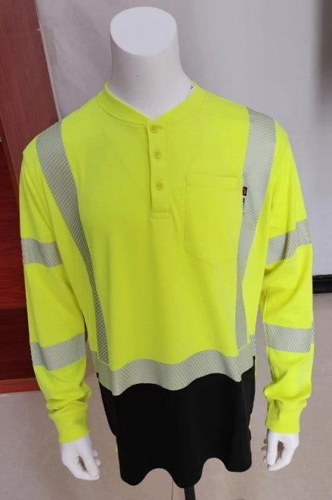 Flamesafe Long Sleeve Flame Resistant Hi Vis Henley Shirt, Yellow with Black Bottom Front